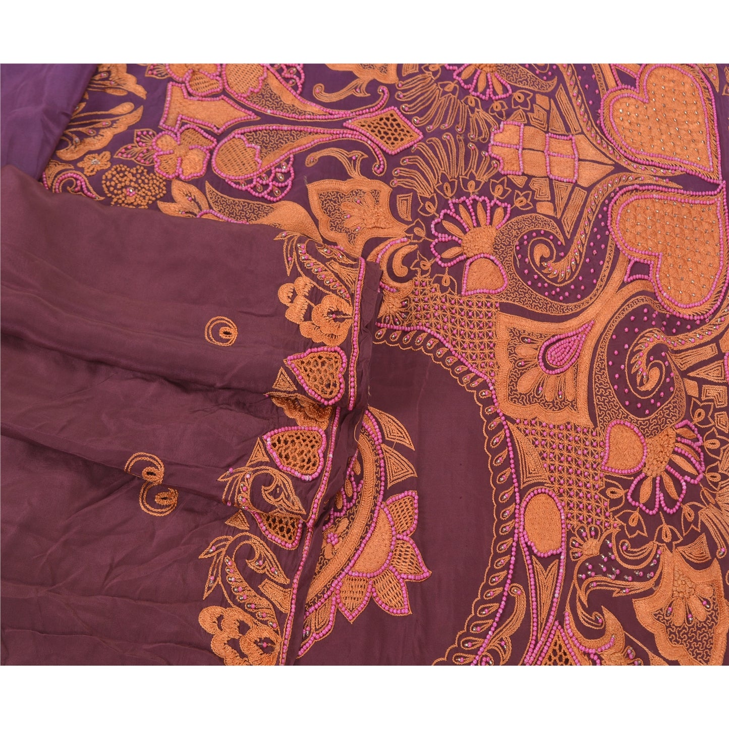 Sanskriti Vintage Purple Saree 100% Pure Crepe Silk 5YD Sari Hand Beaded Thread Work Crafting, Upcycling, Recycling, Dress Making, Decor,