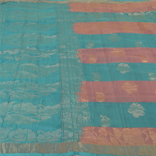 Sanskriti Vintage Blue Heavy Indian Sarees Pure Silk Hand Brocade Sari Sustainable Fabric