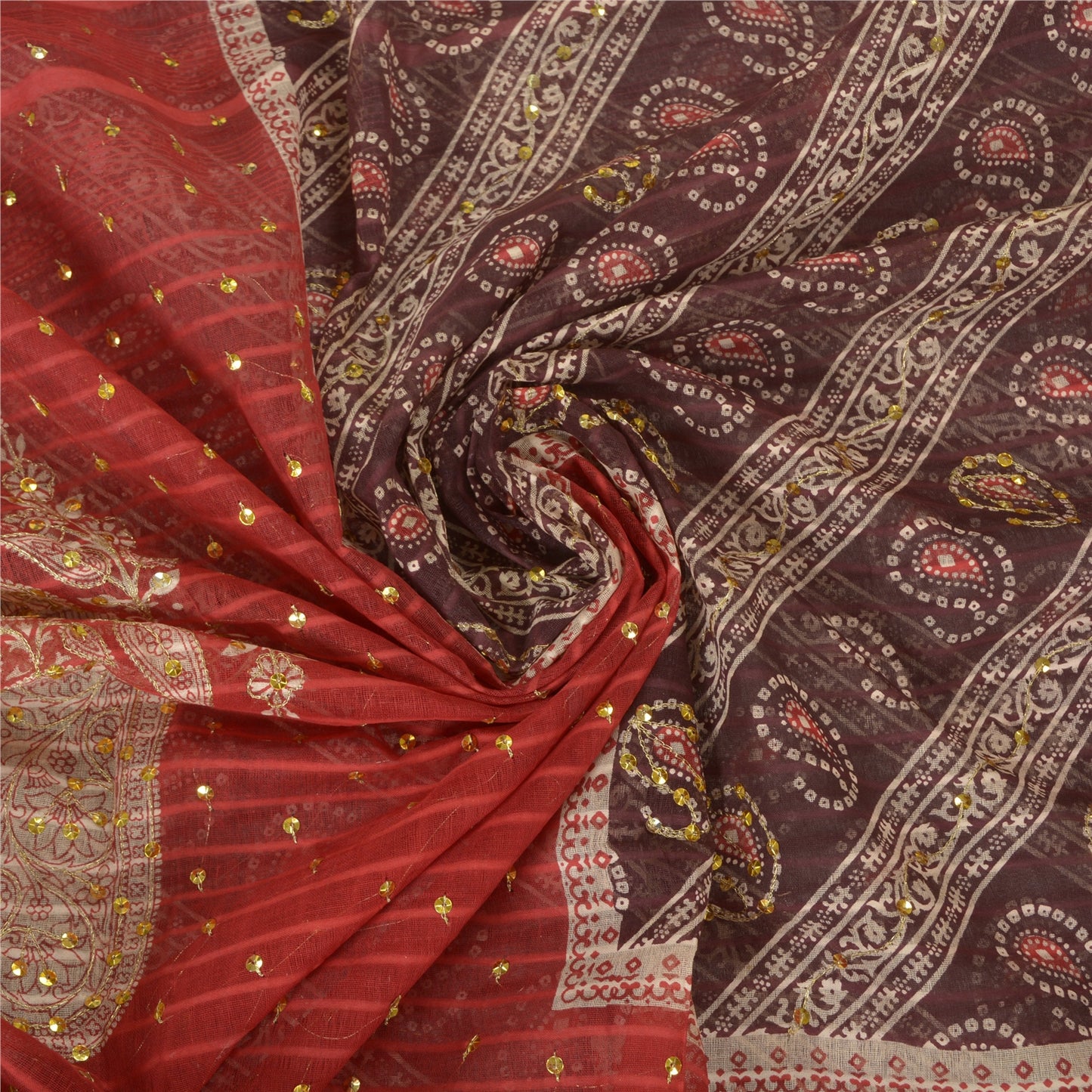Sanskriti Vintage Dark Red Heavy Sarees Pure Cotton Hand Beaded Sari Sustainable Fabric