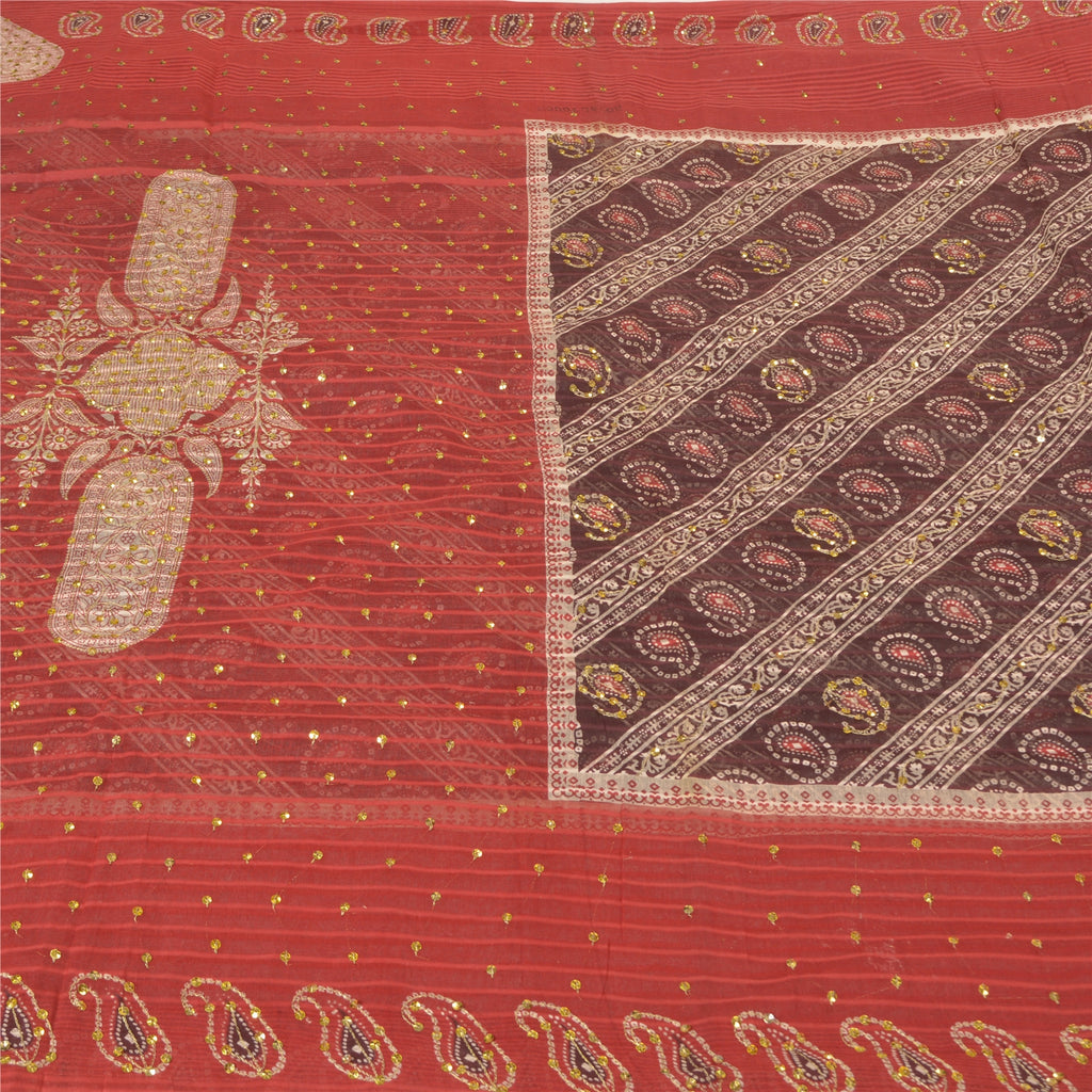 Sanskriti Vintage Dark Red Heavy Sarees Pure Cotton Hand Beaded Sari Sustainable Fabric