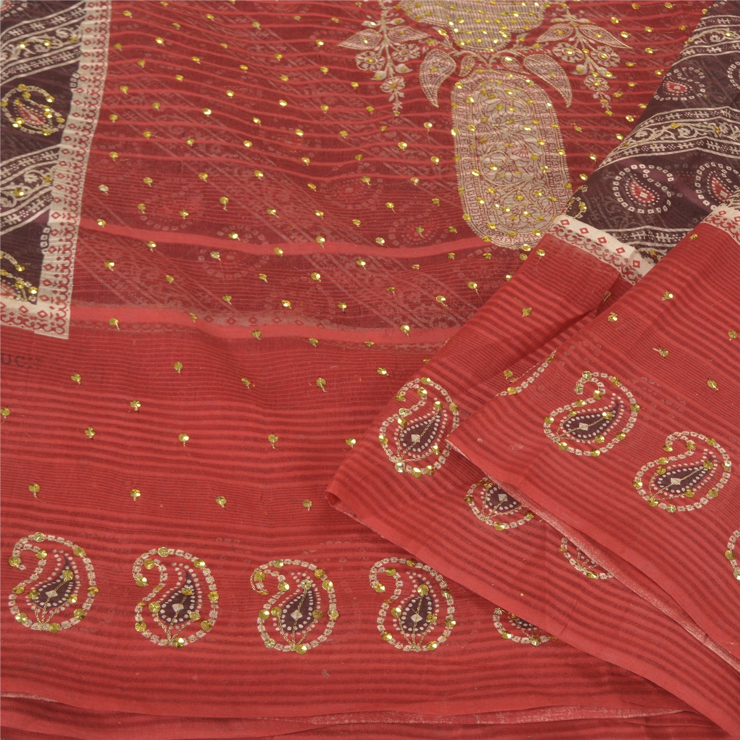 Sanskriti Vintage Dark Red Heavy Sarees Pure Cotton Hand Beaded Sari Sustainable Fabric