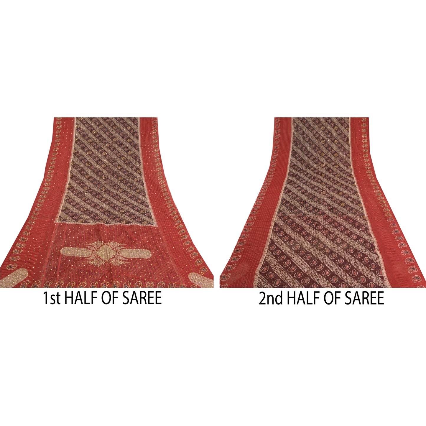 Sanskriti Vintage Dark Red Heavy Sarees Pure Cotton Hand Beaded Sari Sustainable Fabric