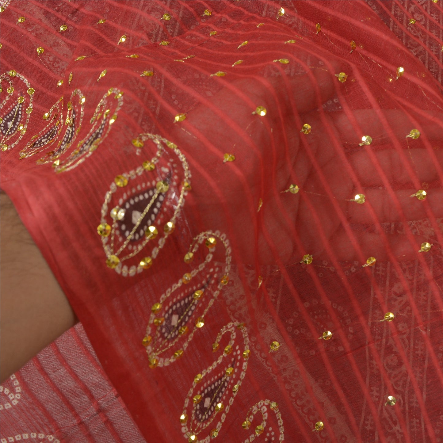 Sanskriti Vintage Dark Red Heavy Sarees Pure Cotton Hand Beaded Sari Sustainable Fabric