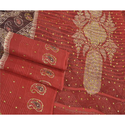 Sanskriti Vintage Dark Red Heavy Sarees Pure Cotton Hand Beaded Sari Sustainable Fabric