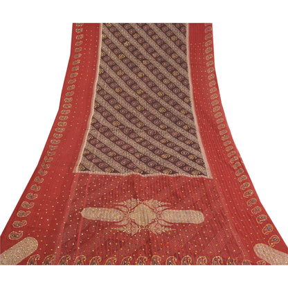 Sanskriti Vintage Dark Red Heavy Sarees Pure Cotton Hand Beaded Sari Sustainable Fabric