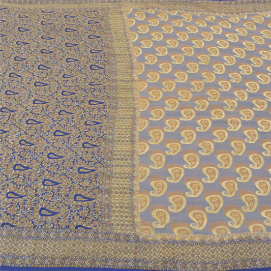 Sanskriti Vintage Blå Tunge Indiske Sarier Ren Georgette Silke Vævet Sari Bæredygtigt Stof