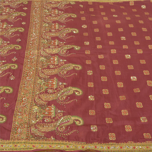 Sanskriti Vintage Mørkerøde Tunge Sarier Ren Silke Håndperlet Vævet Sari Bæredygtigt Stof