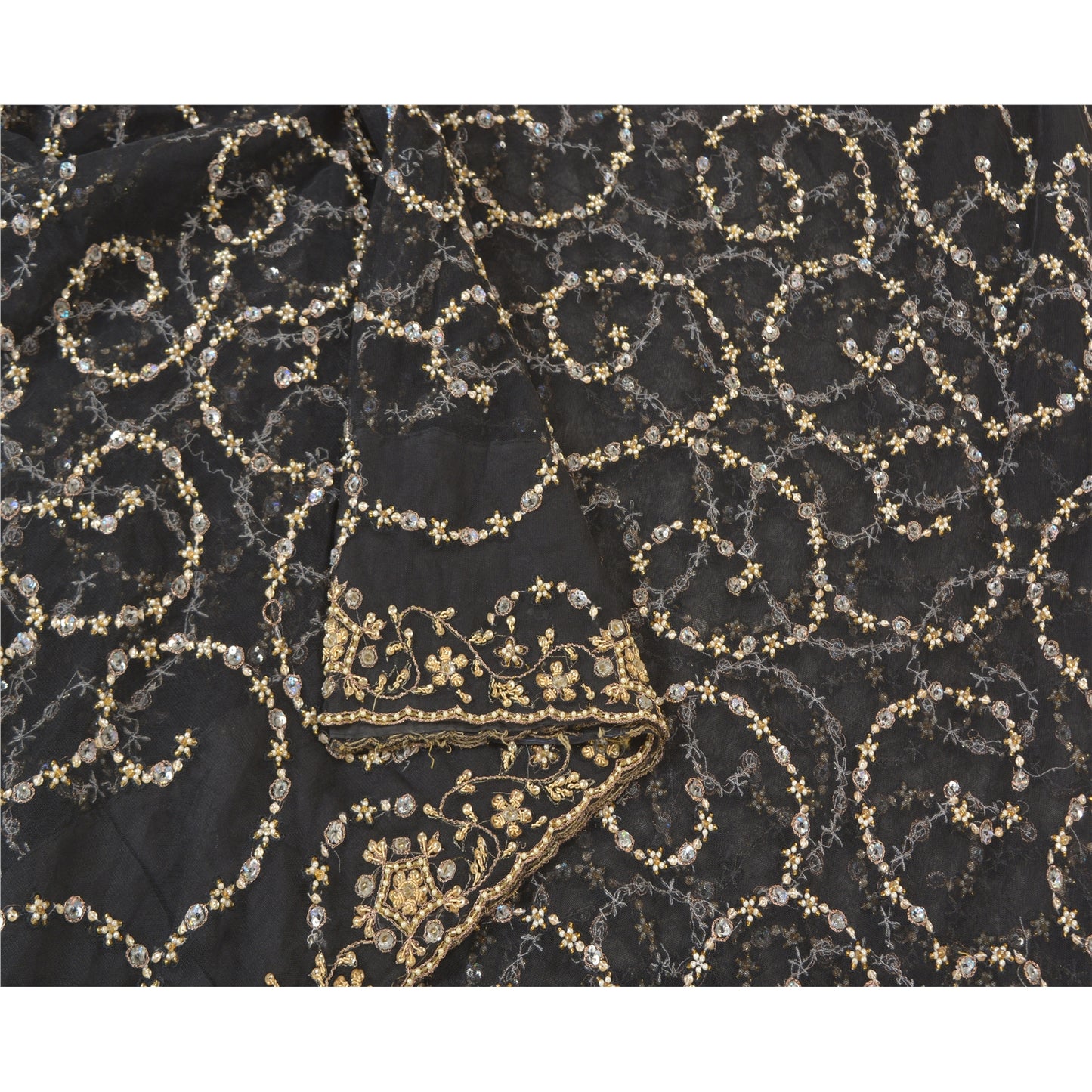 Sanskriti Vintage Black Heavy Sarees Net Mesh Hand Beaded Party Sari Sustainable Fabric