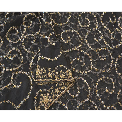 Sanskriti Vintage Black Heavy Sarees Net Mesh Hand Beaded Party Sari Sustainable Fabric
