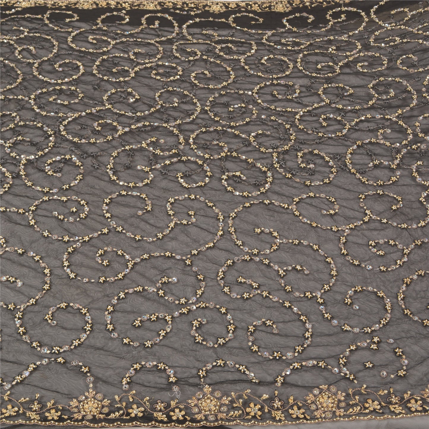 Sanskriti Vintage Black Heavy Sarees Net Mesh Hand Beaded Party Sari Sustainable Fabric