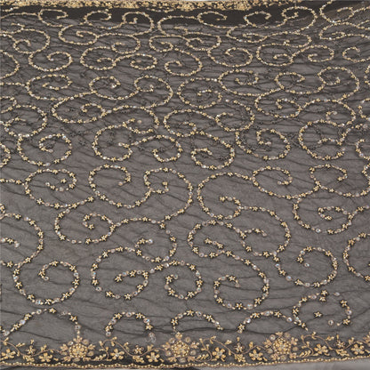 Sanskriti Vintage Black Heavy Sarees Net Mesh Hand Beaded Party Sari Sustainable Fabric