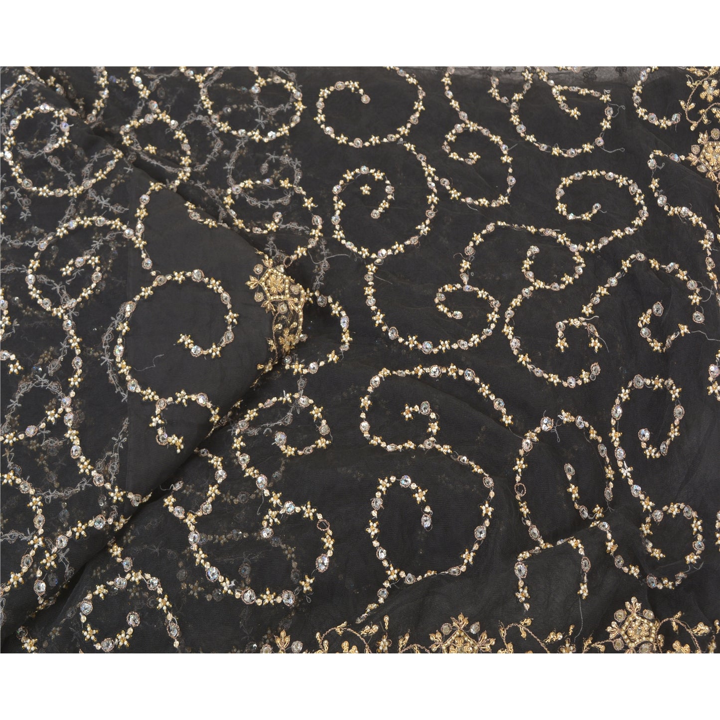 Sanskriti Vintage Black Heavy Sarees Net Mesh Hand Beaded Party Sari Sustainable Fabric