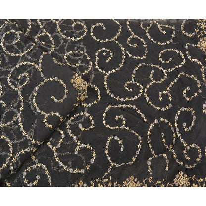 Sanskriti Vintage Black Heavy Sarees Net Mesh Hand Beaded Party Sari Sustainable Fabric