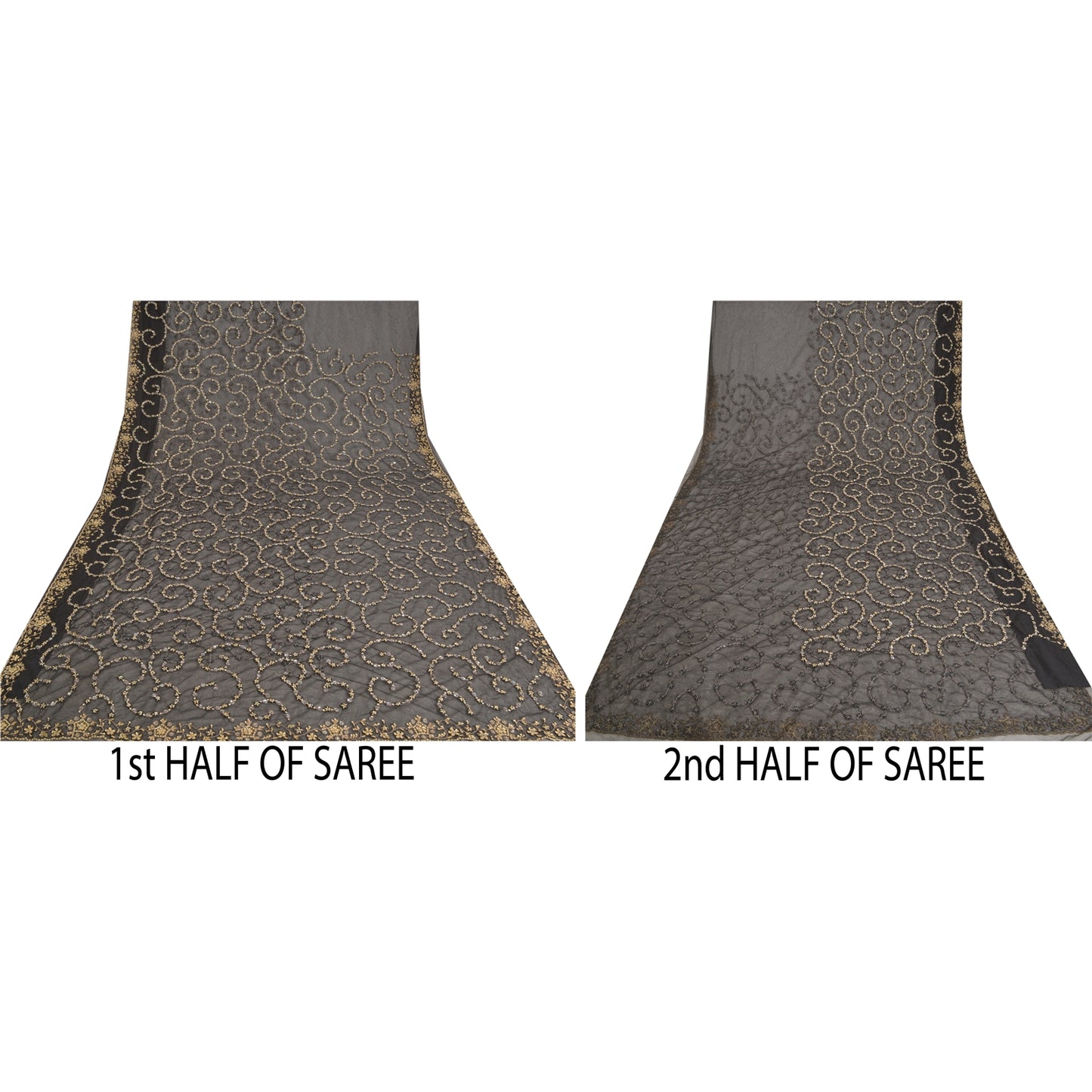 Sanskriti Vintage Black Heavy Sarees Net Mesh Hand Beaded Party Sari Sustainable Fabric