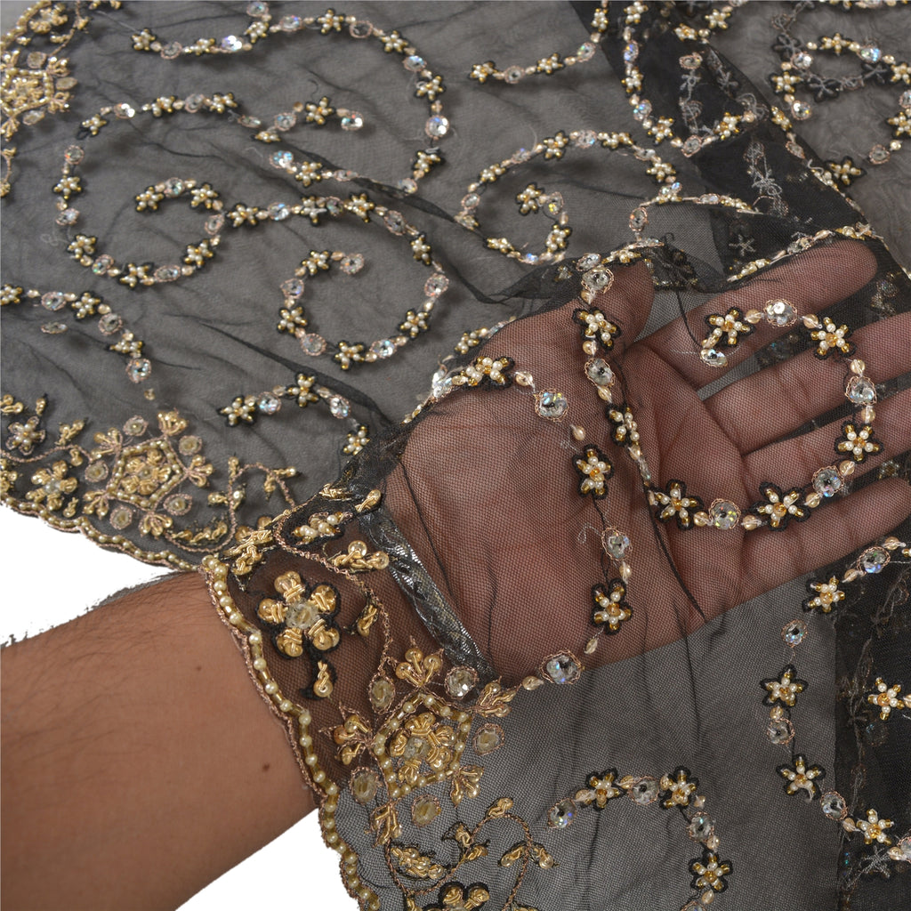 Sanskriti Vintage Black Heavy Sarees Net Mesh Hand Beaded Party Sari Sustainable Fabric