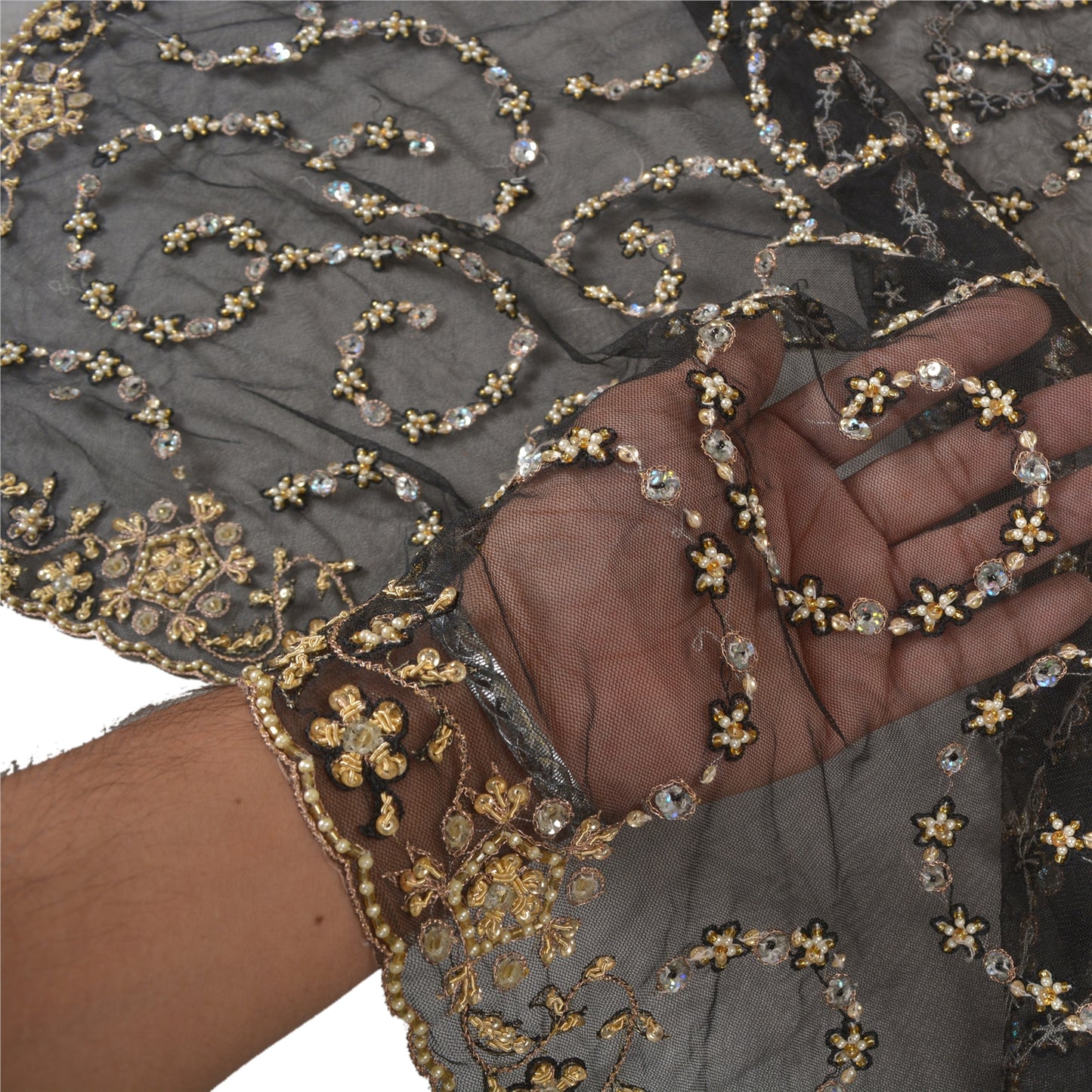 Sanskriti Vintage Black Heavy Sarees Net Mesh Hand Beaded Party Sari Sustainable Fabric