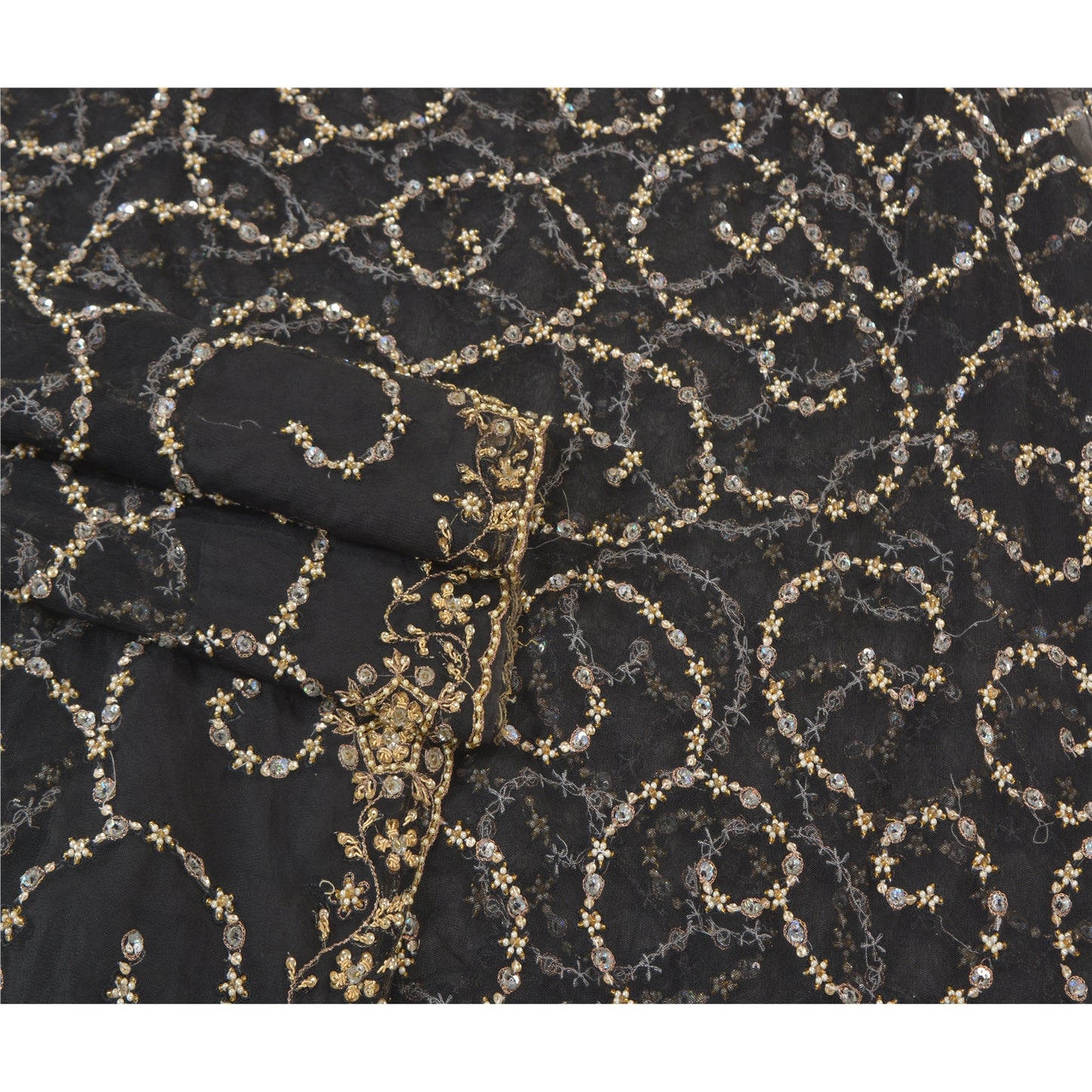 Sanskriti Vintage Black Heavy Sarees Net Mesh Hand Beaded Party Sari Sustainable Fabric