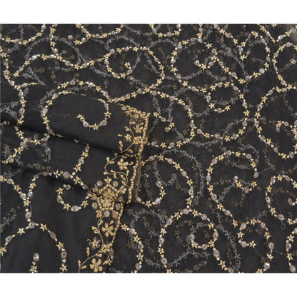 Sanskriti Vintage Black Heavy Sarees Net Mesh Hand Beaded Party Sari Sustainable Fabric