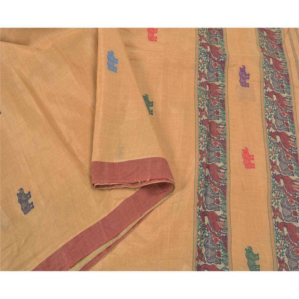 Sanskriti Vintage Peach Heavy Sarees Cotton Silk Hand-Woven Animal Sari Sustainable Fabric