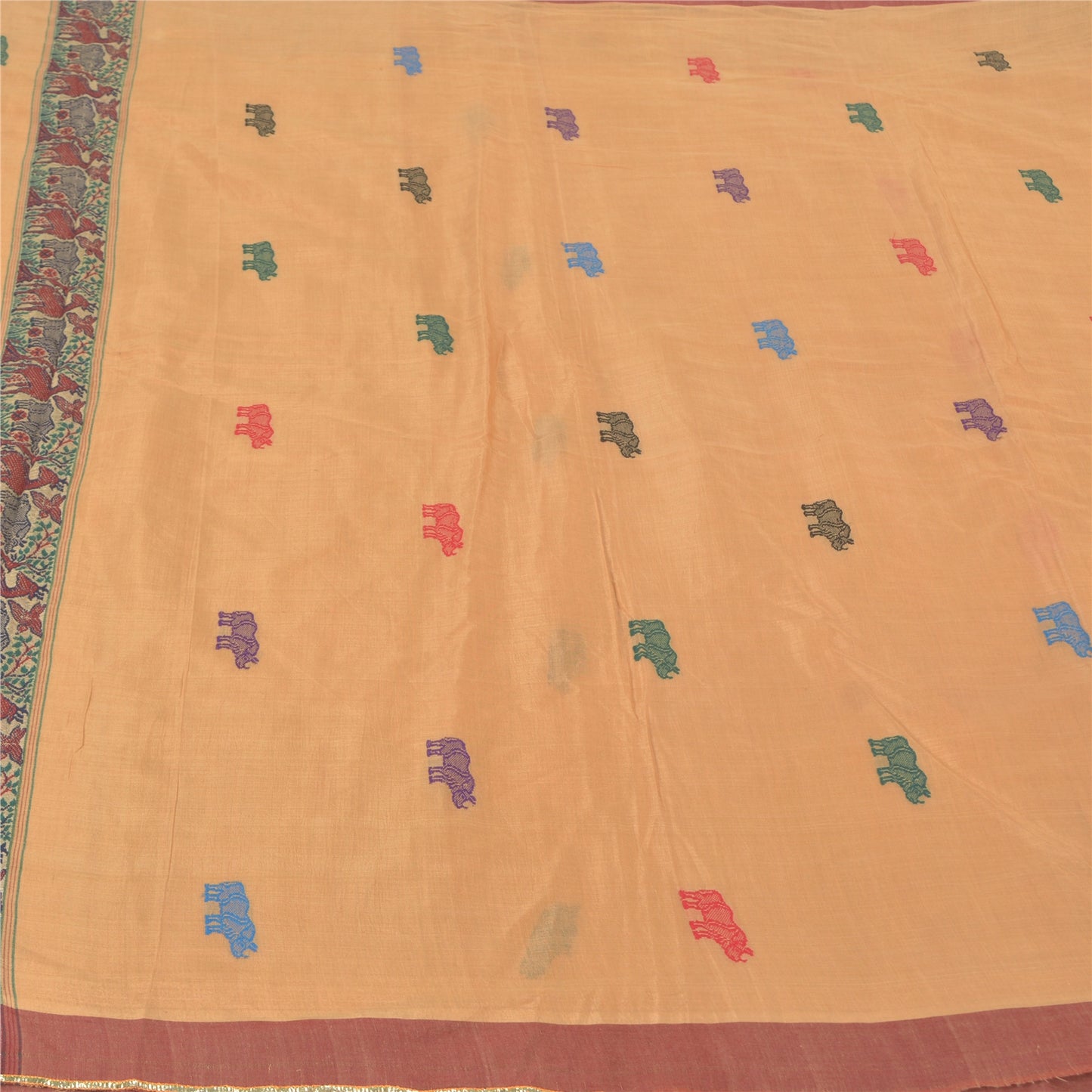 Sanskriti Vintage Peach Heavy Sarees Cotton Silk Hand-Woven Animal Sari Sustainable Fabric