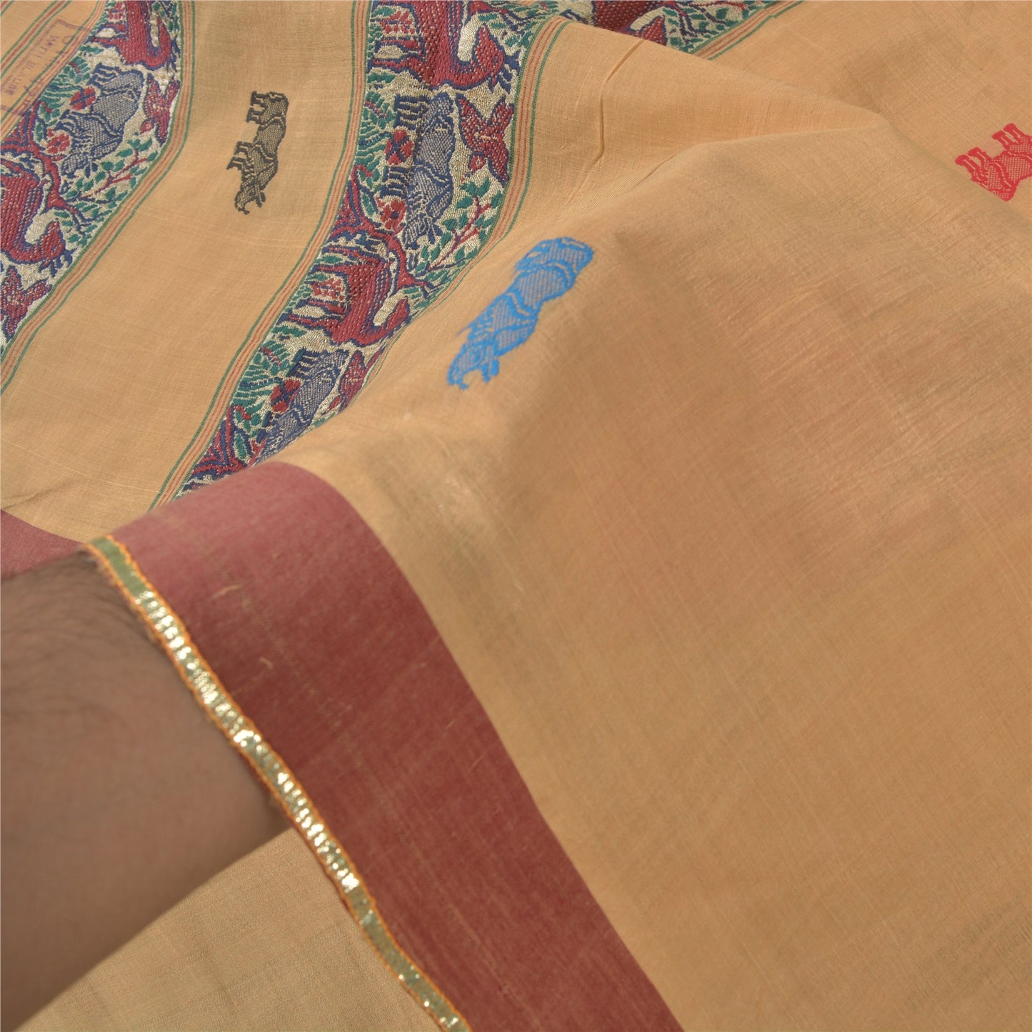 Sanskriti Vintage Peach Heavy Sarees Cotton Silk Hand-Woven Animal Sari Sustainable Fabric