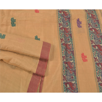 Sanskriti Vintage Peach Heavy Sarees Cotton Silk Hand-Woven Animal Sari Sustainable Fabric