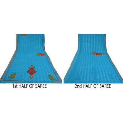 Санскрити Винтаж Синее Тяжелое Сари Сетчатая Вышитая Вечеринка Сари Устойчивая Ткань