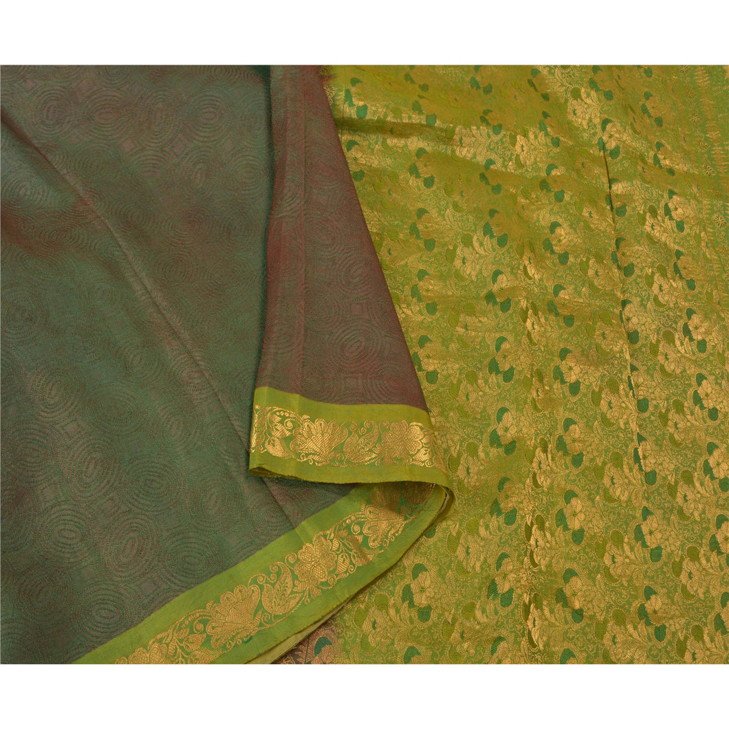 Sanskriti Vintage Green Heavy Wedding Sarees Pure Silk Woven Brocade Sari Fabric