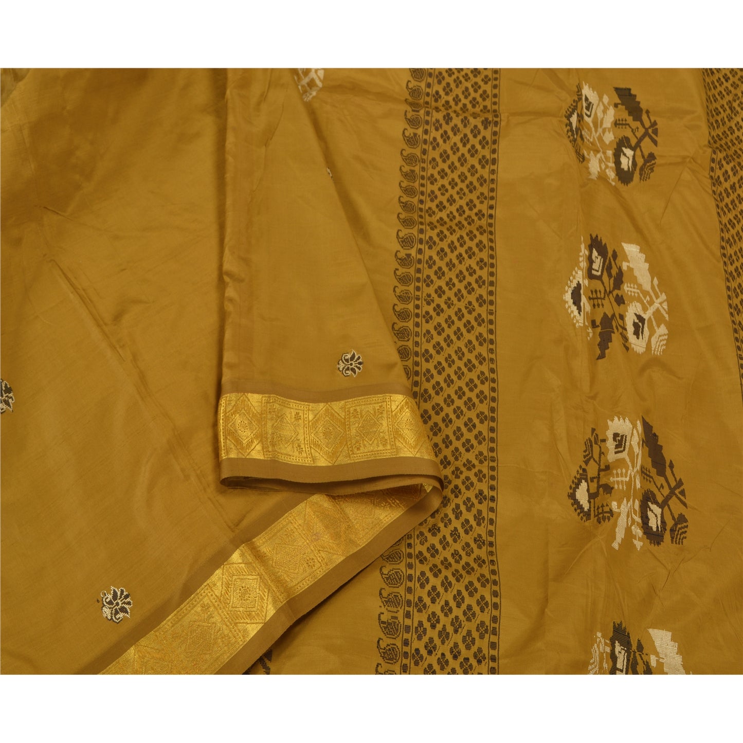Санскритские винтажные горчичные тяжелые сари из чистого шелка, ручная работа, тант-сари, устойчивая ткань