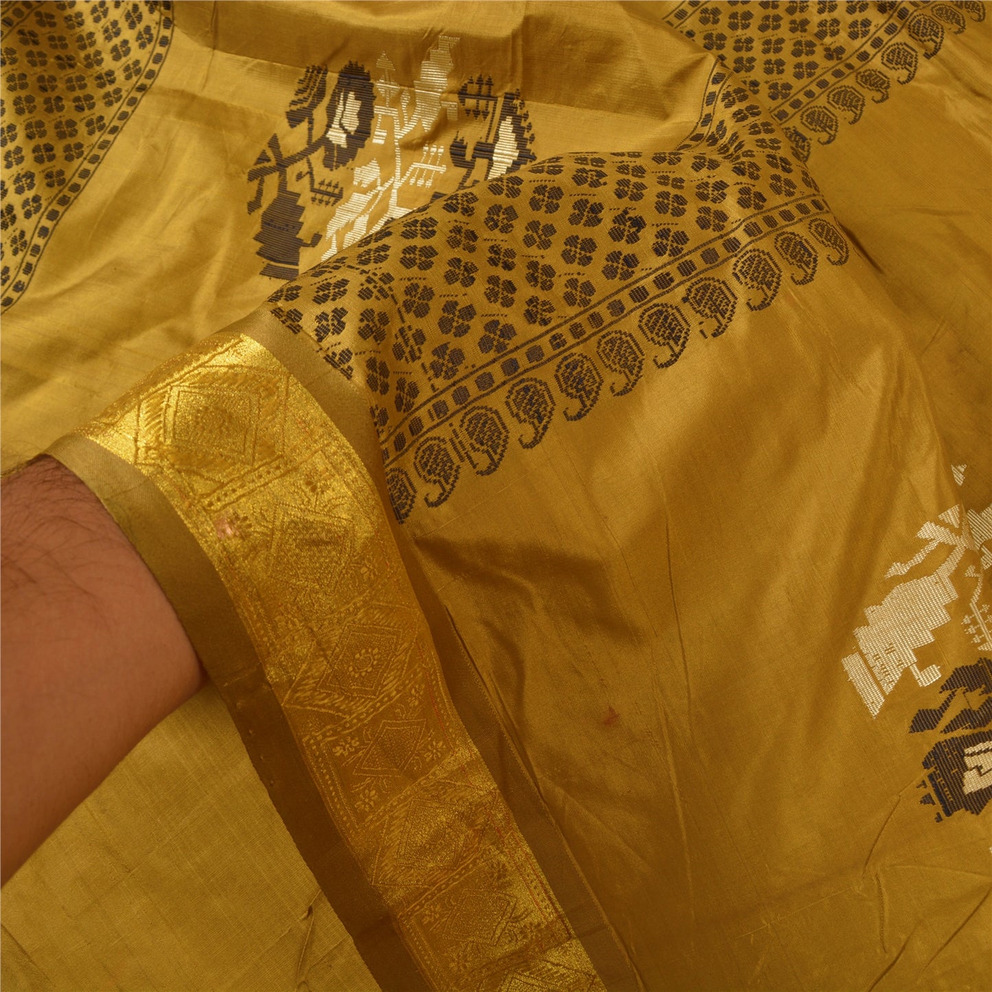 Санскритские винтажные горчичные тяжелые сари из чистого шелка, ручная работа, тант-сари, устойчивая ткань