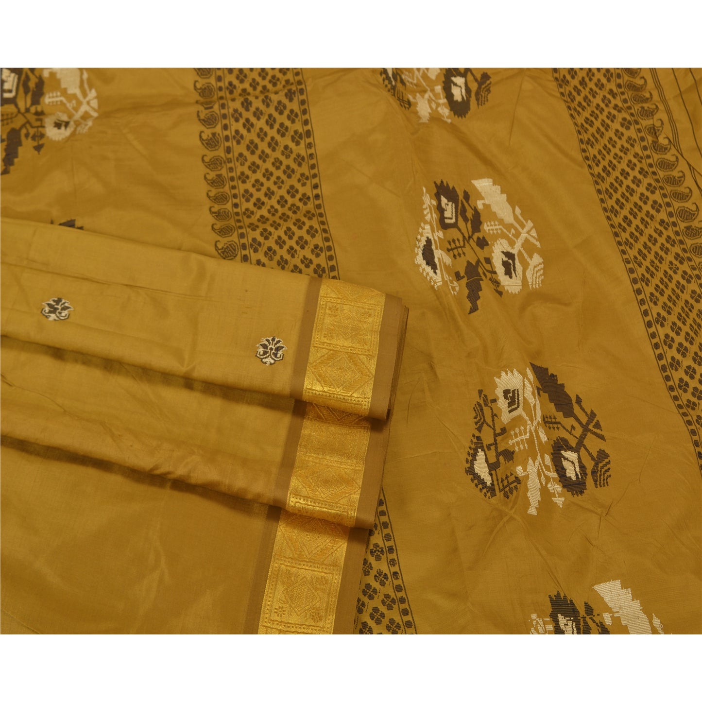 Санскритские винтажные горчичные тяжелые сари из чистого шелка, ручная работа, тант-сари, устойчивая ткань