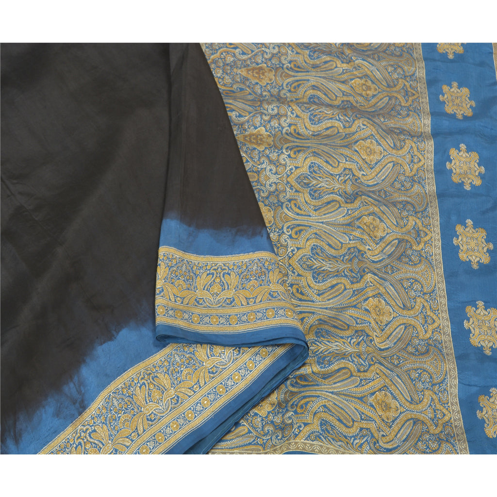 Sanskriti Vintage Blå Tunge Indiske Sarier 100% Ren Silke Vævet Sari Bæredygtigt Stof