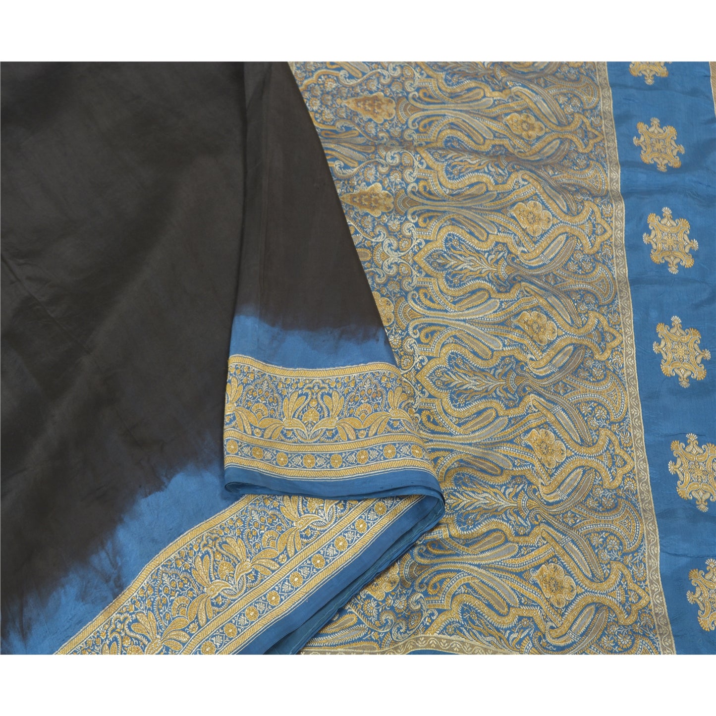 Sanskriti Vintage Blå Tunge Indiske Sarier 100% Ren Silke Vævet Sari Bæredygtigt Stof