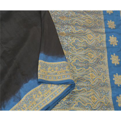 Sanskriti Vintage Blå Tunge Indiske Sarier 100% Ren Silke Vævet Sari Bæredygtigt Stof