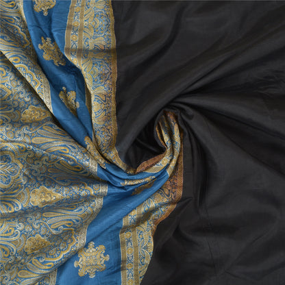 Sanskriti Vintage Blå Tunge Indiske Sarier 100% Ren Silke Vævet Sari Bæredygtigt Stof