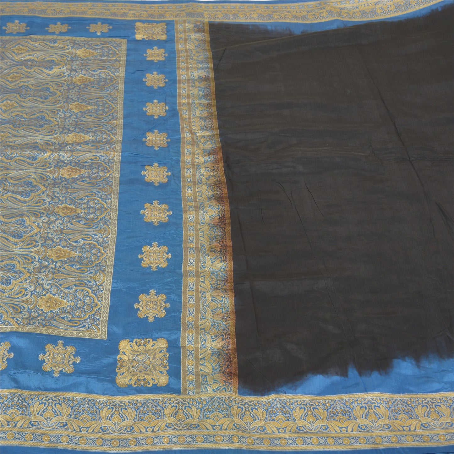 Sanskriti Vintage Blå Tunge Indiske Sarier 100% Ren Silke Vævet Sari Bæredygtigt Stof