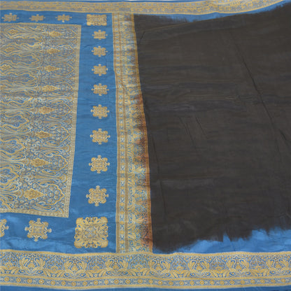 Sanskriti Vintage Blå Tunge Indiske Sarier 100% Ren Silke Vævet Sari Bæredygtigt Stof