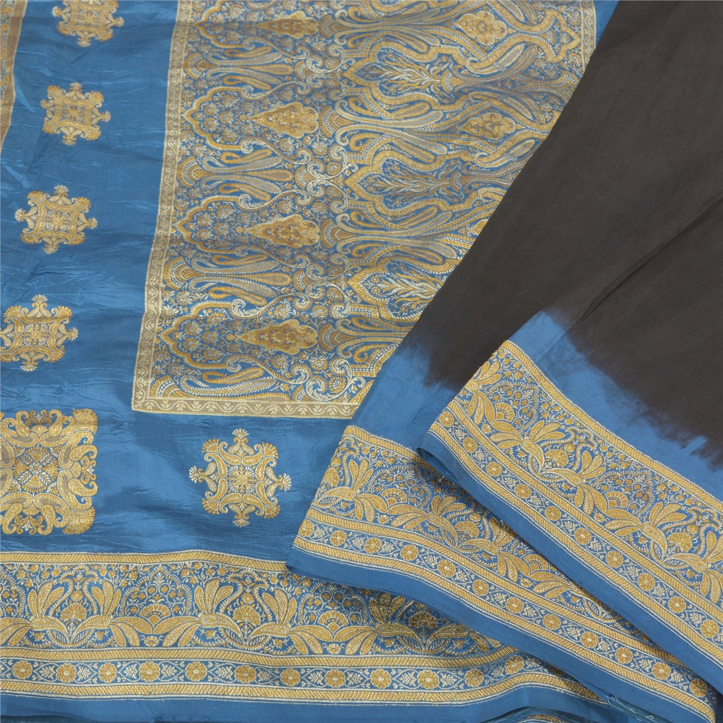 Sanskriti Vintage Blå Tunge Indiske Sarier 100% Ren Silke Vævet Sari Bæredygtigt Stof