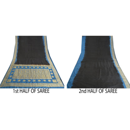 Sanskriti Vintage Blå Tunge Indiske Sarier 100% Ren Silke Vævet Sari Bæredygtigt Stof