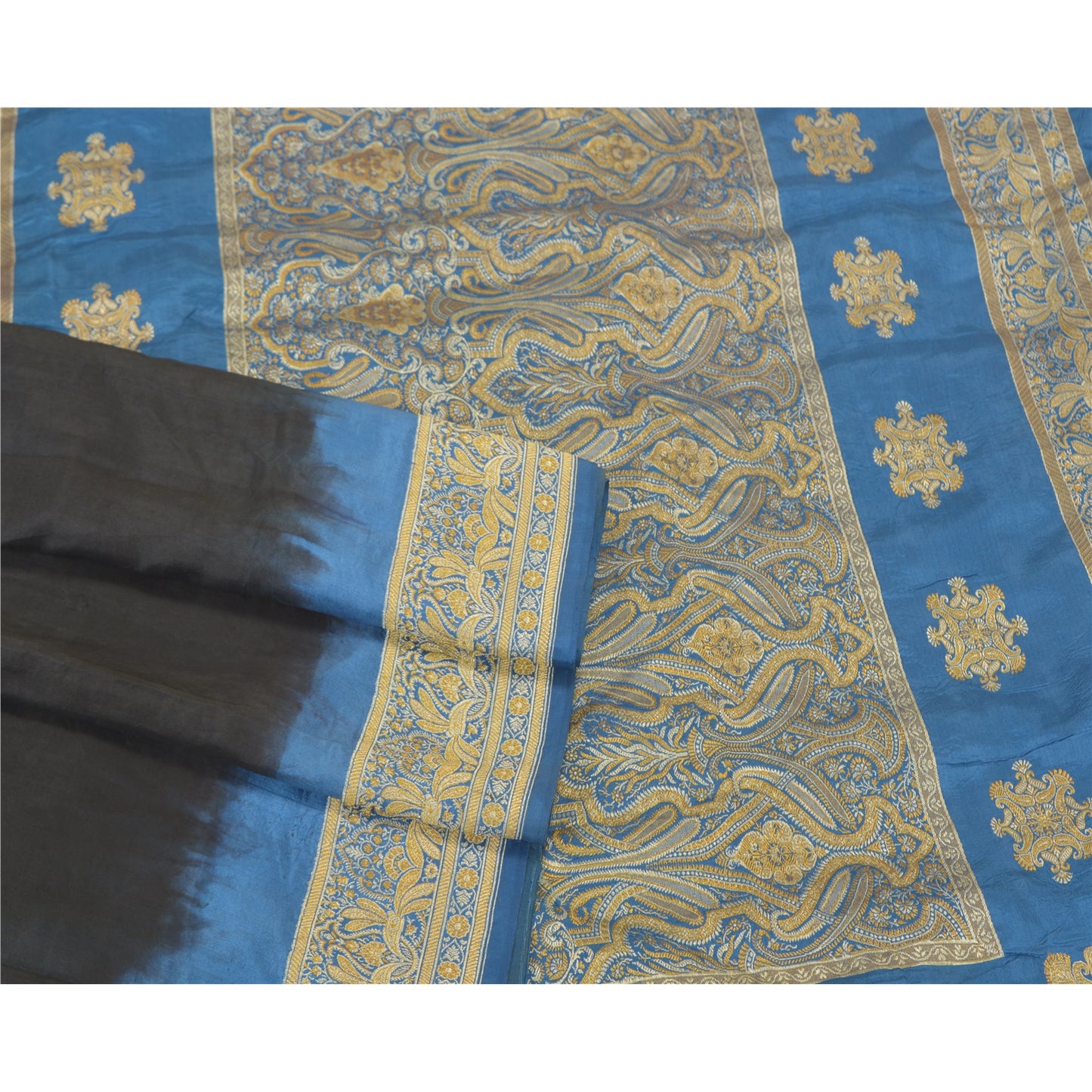 Sanskriti Vintage Blå Tunge Indiske Sarier 100% Ren Silke Vævet Sari Bæredygtigt Stof