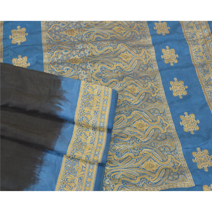 Sanskriti Vintage Blå Tunge Indiske Sarier 100% Ren Silke Vævet Sari Bæredygtigt Stof