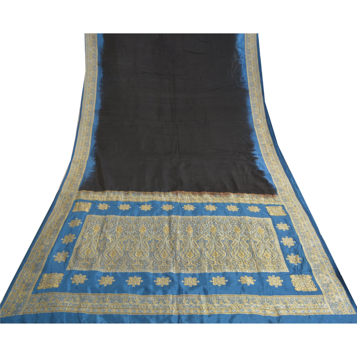 Sanskriti Vintage Blå Tunge Indiske Sarier 100% Ren Silke Vævet Sari Bæredygtigt Stof