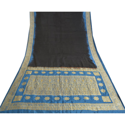 Sanskriti Vintage Blå Tunge Indiske Sarier 100% Ren Silke Vævet Sari Bæredygtigt Stof