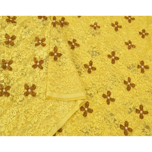 Sanskriti Vintage Yellow Heavy Sarees Net Mesh Hand Beaded Woven Sari Sustainable Fabric