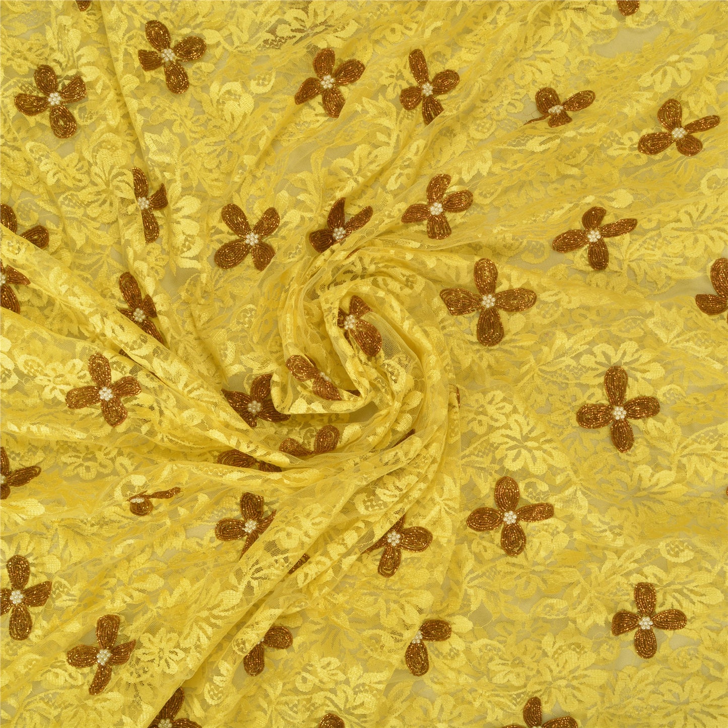 Санскрити Винтаж Желтый Тяжелые Сари Сетка Сетка Ручной Работы Бисером Сплетенная Сари Устойчивая Ткань