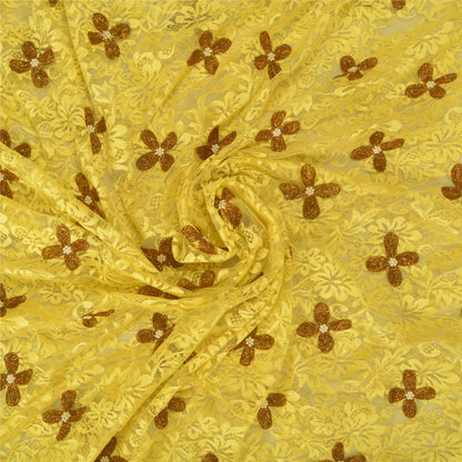 Санскрити Винтаж Желтый Тяжелые Сари Сетка Сетка Ручной Работы Бисером Сплетенная Сари Устойчивая Ткань