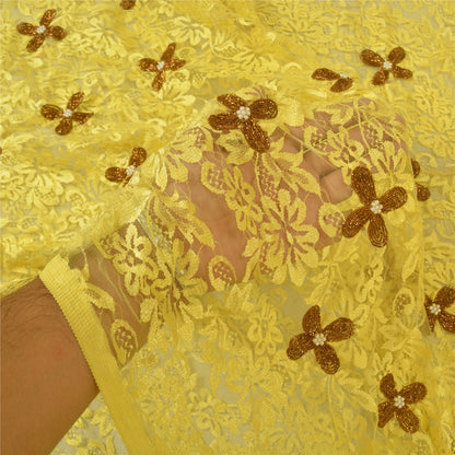 Санскрити Винтаж Желтый Тяжелые Сари Сетка Сетка Ручной Работы Бисером Сплетенная Сари Устойчивая Ткань