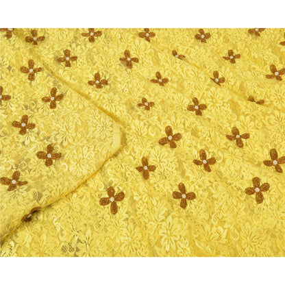 Санскрити Винтаж Желтый Тяжелые Сари Сетка Сетка Ручной Работы Бисером Сплетенная Сари Устойчивая Ткань