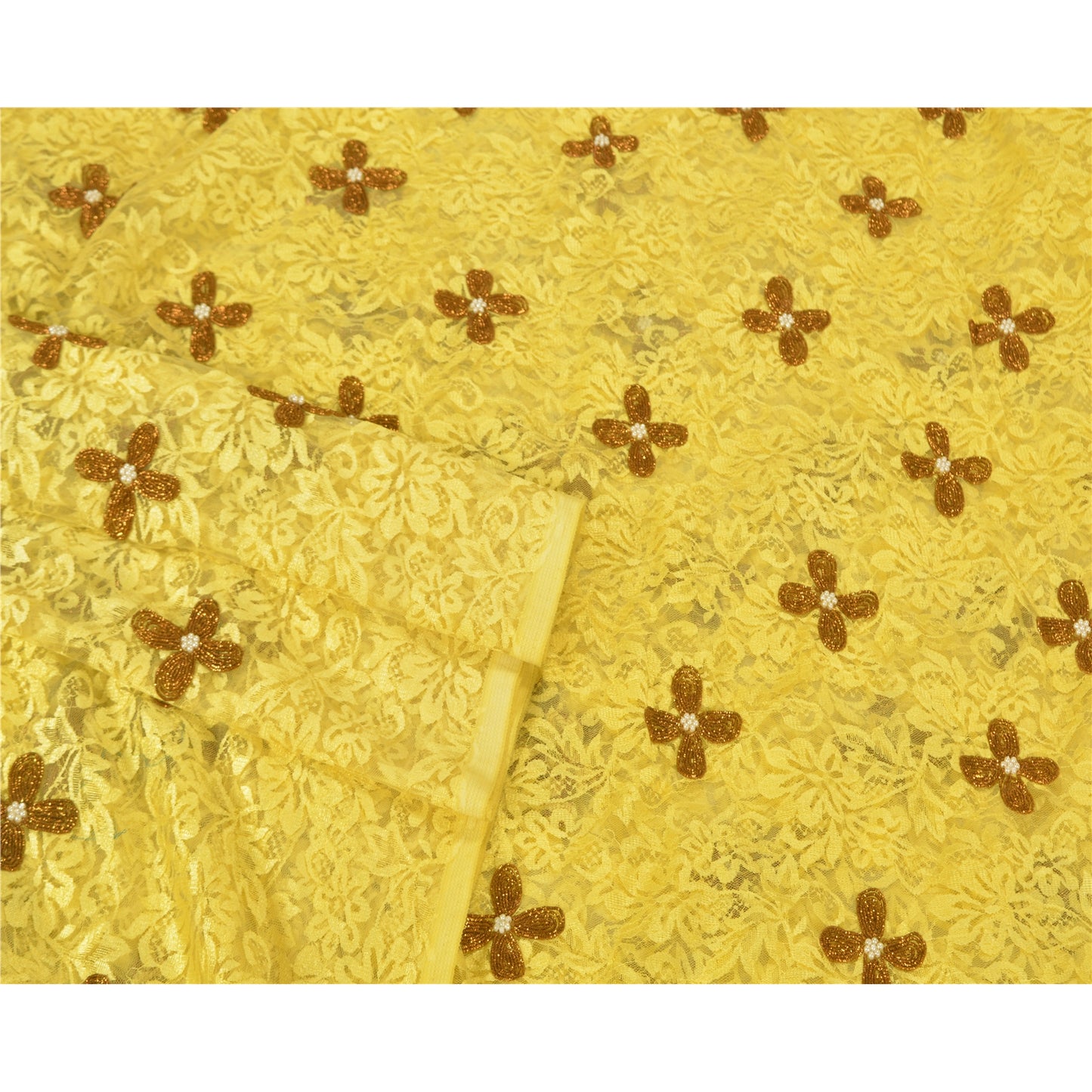 Санскрити Винтаж Желтый Тяжелые Сари Сетка Сетка Ручной Работы Бисером Сплетенная Сари Устойчивая Ткань