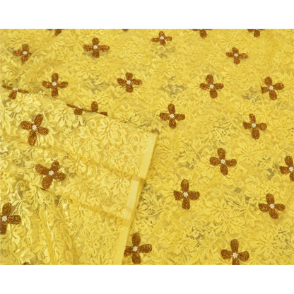 Санскрити Винтаж Желтый Тяжелые Сари Сетка Сетка Ручной Работы Бисером Сплетенная Сари Устойчивая Ткань